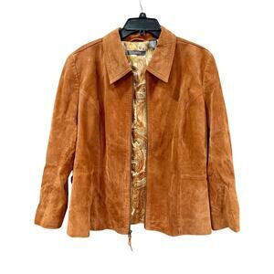 Liz Claiborne Cognac Brown Suede Leather Jacket 14W Paisley Lined Zip Western